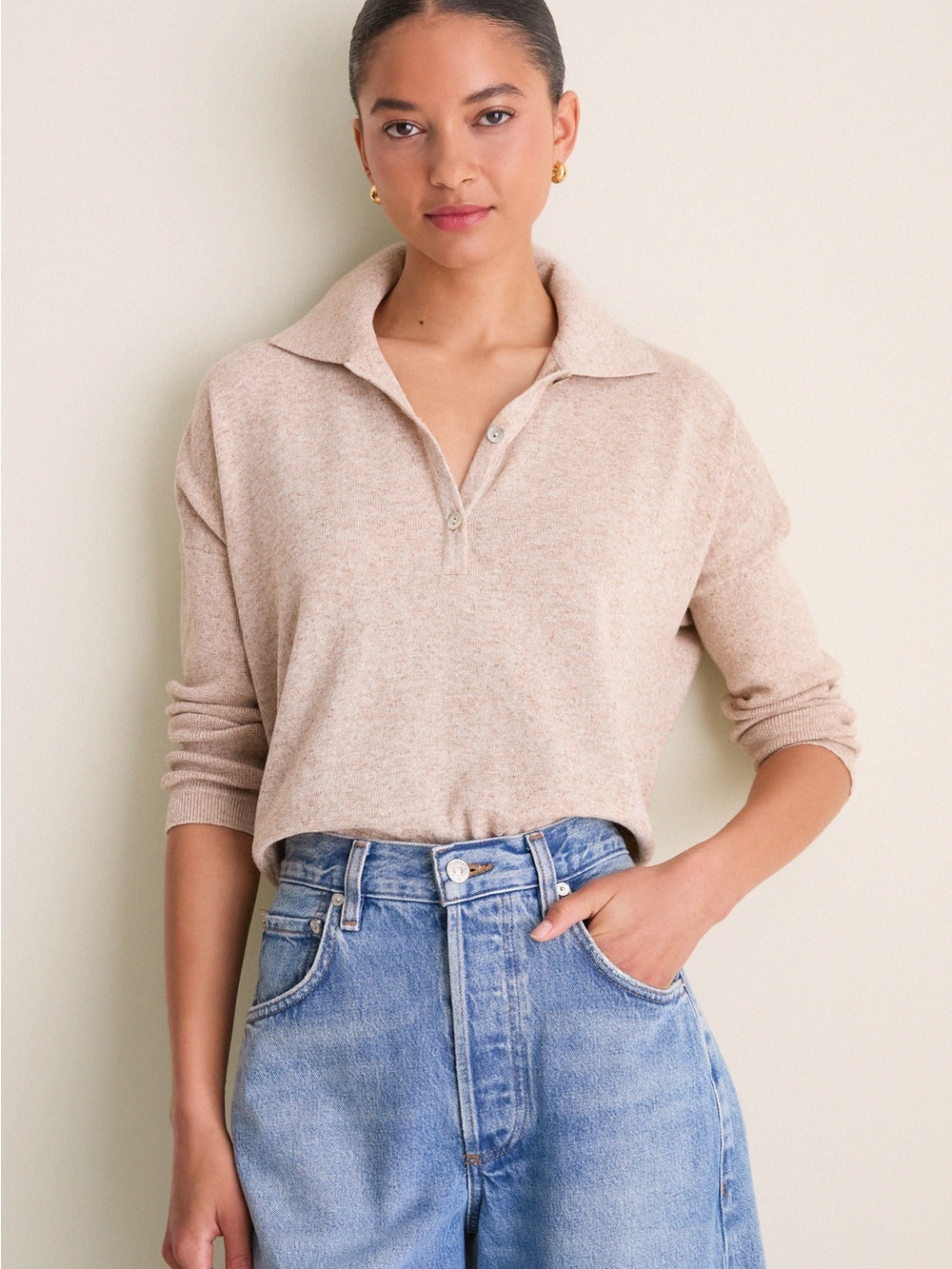 Tuckernuck Sand Polo-Knit Long-Sleeve Top‎